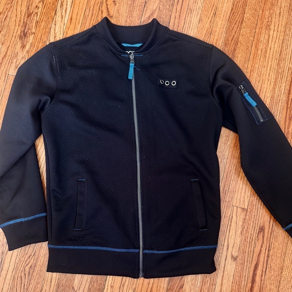 Black Bomber Jacket with Bright Blue Accents and Sporty Design - Picture 1 of 7